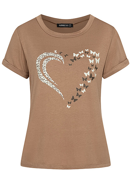 Cloud5ive Dames T-Shirt met Hart- en Vlinderprint bruin