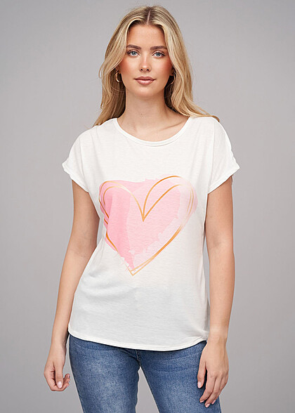 Cloud5ive Dames T-Shirt met hartjesprint en ronde hals wit roze