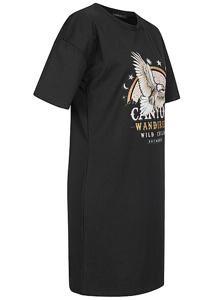 Cloud5ive Dames T-shirt-jurk met adelaarsprint en ronde hals zwart