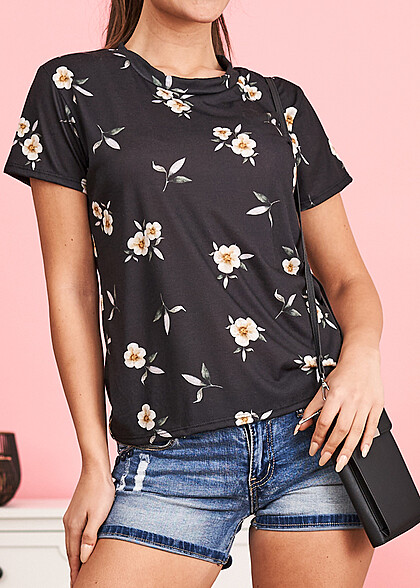 Cloud5ive Dames Viscose T-Shirt met bloemenprint zwart