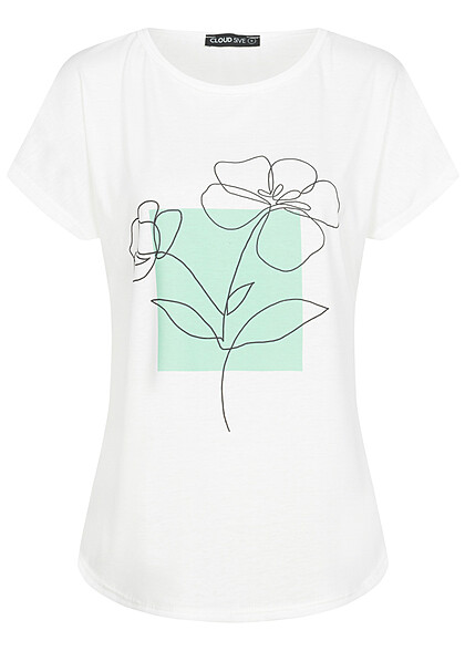 Cloud5ive Dames Viscose T-Shirt met bloemenprint wit zwart groen