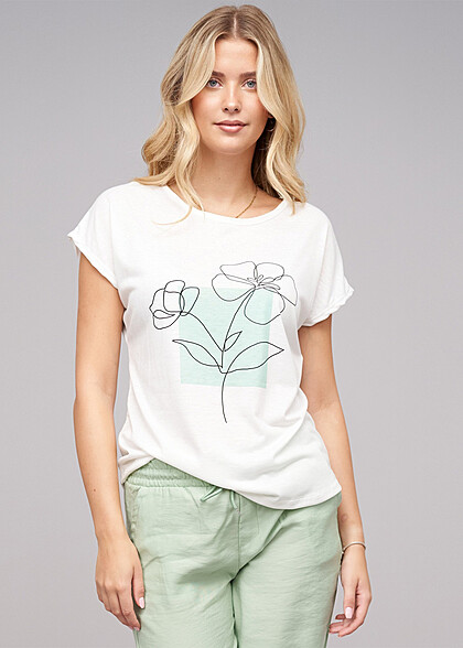 Cloud5ive Dames Viscose T-Shirt met bloemenprint wit zwart groen