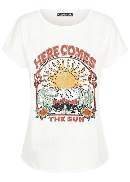 Cloud5ive Dames Viscose T-Shirt met Here Comes The Sun print wit