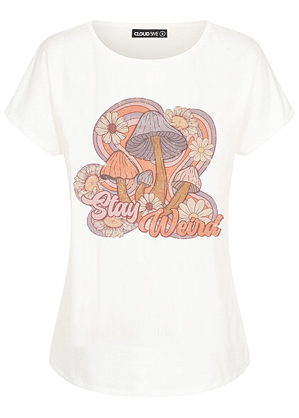 Cloud5ive Dames Viscose T-Shirt met paddestoel print wit