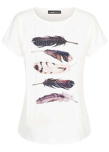 Cloud5ive Dames Viscose T-Shirt met veer print wit