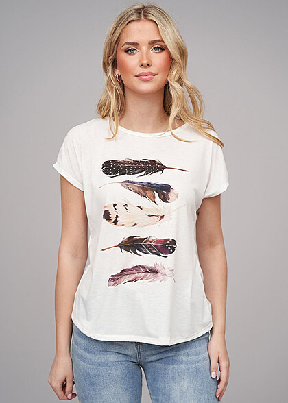 Cloud5ive Dames Viscose T Shirt met veer print wit