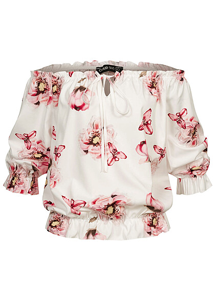 Cloud5ive Damen Off-Shoulder Bluse Top mit Bindedetail und All Over Blumen Print weiss