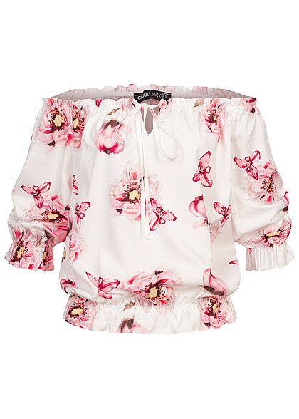 Cloud5ive Dames Off-shoulder blouse met een all-over bloemenprint in wit