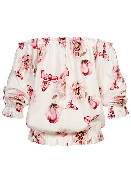 Cloud5ive Dames Off-shoulder blouse met een all-over bloemenprint in wit