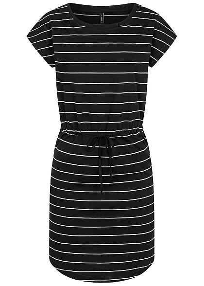 ONLY Damen NOOS Kurzarm Kleid mit Bindedetail und Streifen-Muster schwarz weiss