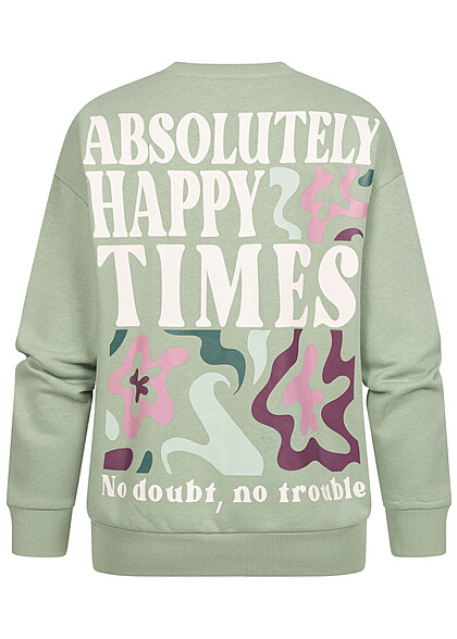 Sublevel Damen Pullover Sweater mit Schriftzug hinten und Rundhals iceberg grün