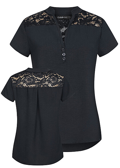 Cloud5ive Dames Musselin Shirt met knopen en kanten details zwart