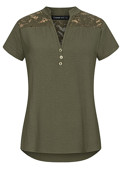 Cloud5ive Dames Musselin Shirt met knopen en kanten details groen