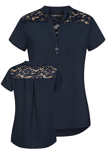 Cloud5ive Dames Musselin Shirt met knopen en kanten details marineblauw