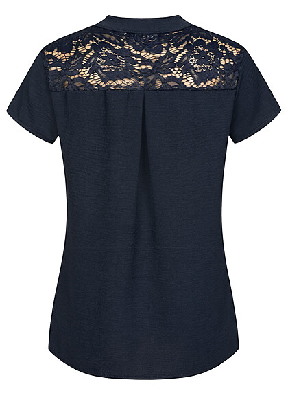 Cloud5ive Dames Musselin Shirt met knopen en kanten details marineblauw