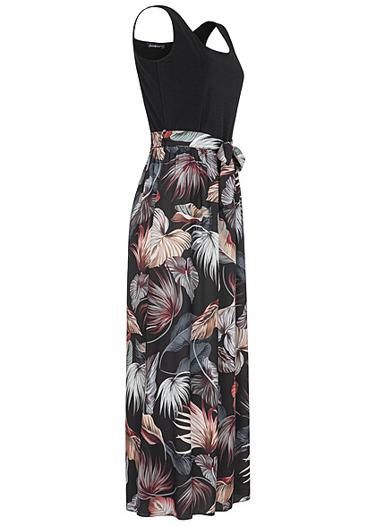Seventyseven Lifestyle Damen Tank Top Kleid mit Bindegrtel und Tropical Print schwarz