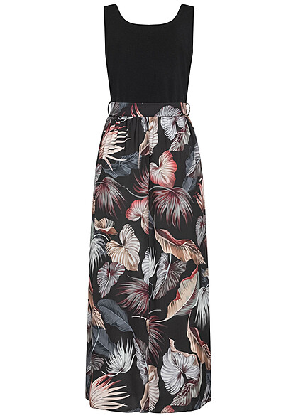 Seventyseven Lifestyle Dames Tanktop Jurk met strikceintuur en tropische print zwart