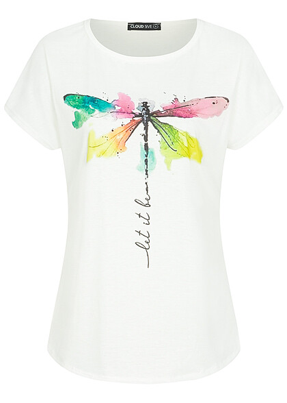 Cloud5ive Damen Viskose T-Shirt mit Libellen Print weiss multicolor