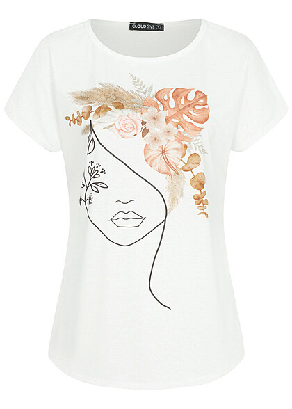 Cloud5ive Damen Viskose T-Shirt mit Floral Silhouette Face Print weiss