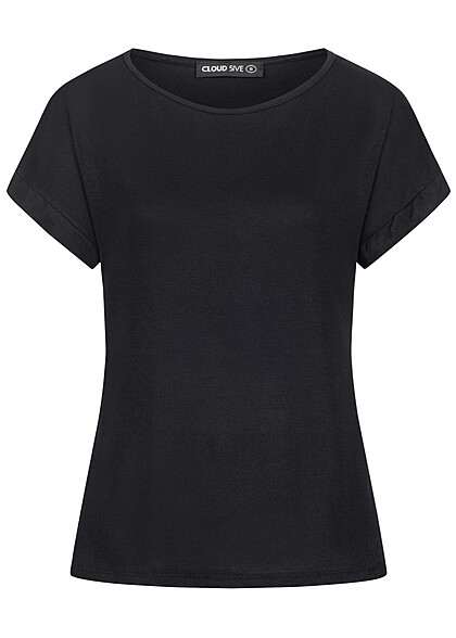 Cloud5ive Damen Viskose T-Shirt mit rmelumschlag und Rundhals schwarz