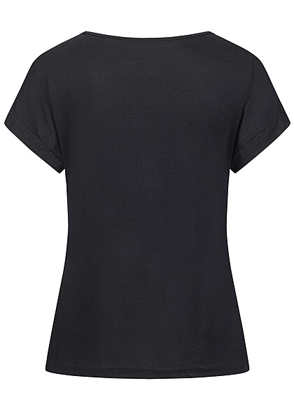 Cloud5ive Damen Viskose T-Shirt mit rmelumschlag und Rundhals schwarz