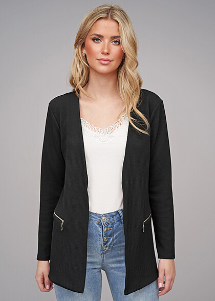 Cloud5ive Dames Blazer met 2 zakken met ritssluiting en structuurstof zwart