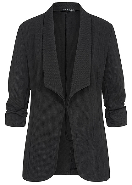 Cloud5ive Dames Blazer met geplooide 3/4 mouwen en structuurstof zwart