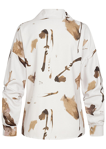 Cloud5ive Damen Langarm Bluse mit Knopfleiste und All Over Abstrakt Print beige