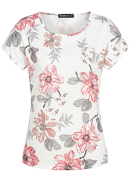 Cloud5ive Dames T-Shirt met ronde hals en bloemenprint wit