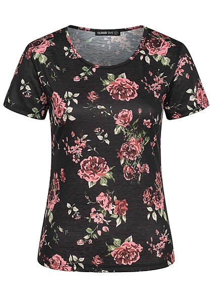Cloud5ive Dames T-Shirt met ronde hals en bloemenprint zwart