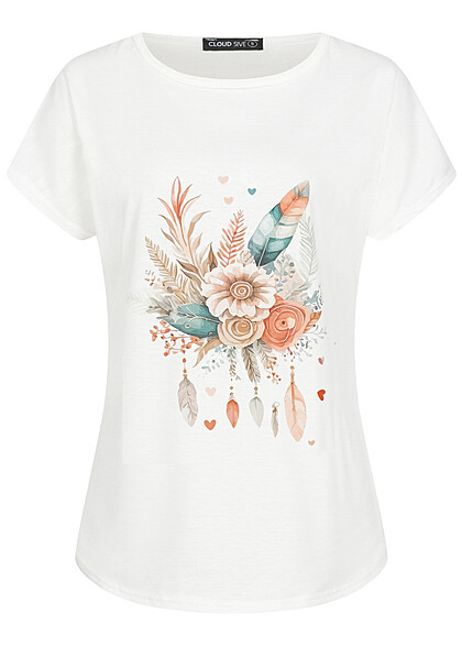 Cloud5ive Damen Viskose T-Shirt mit Traumfnger-Blumen Print weiss