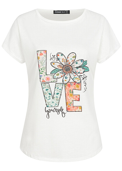 Cloud5ive Damen Viskose T-Shirt mit Love-Blumen Print weiss