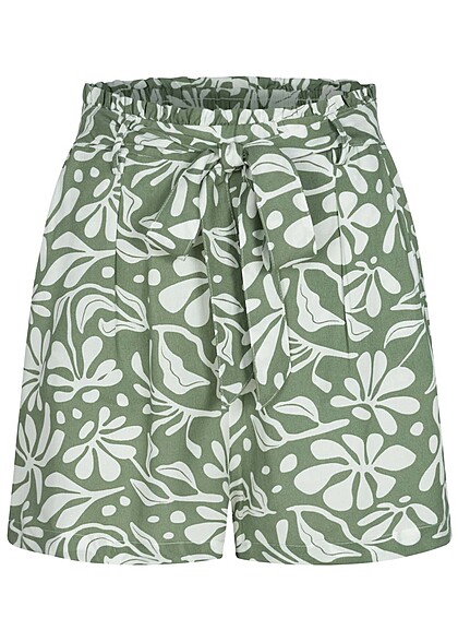 Fresh Made Dames Shorts met strikceintuur en bloemenprint groen wit