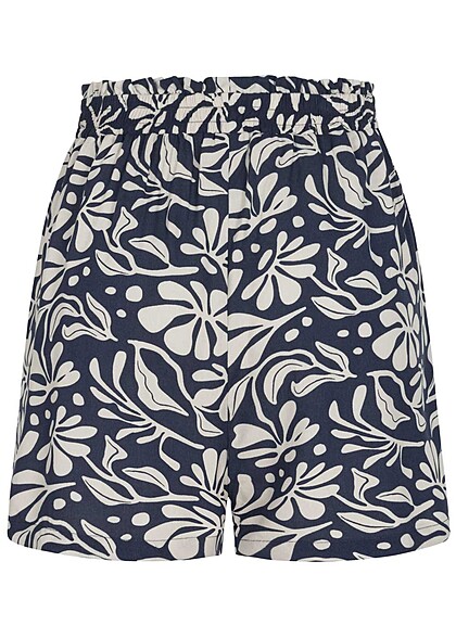 Fresh Made Dames Shorts met strikceintuur en bloemenprint marine blauw beige