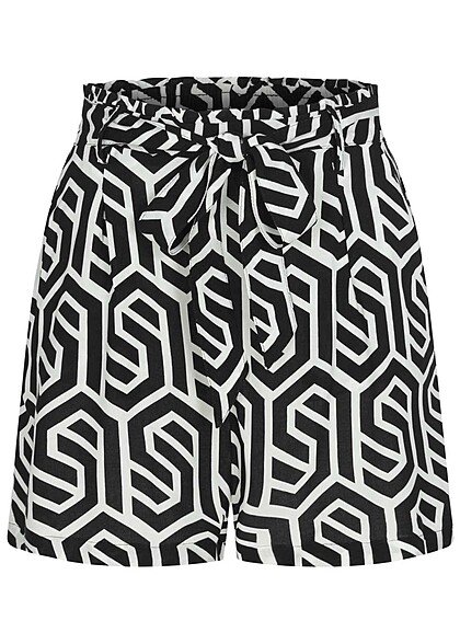 Fresh Made Dames Viscose Shorts met strikceintuur en print zwart wit