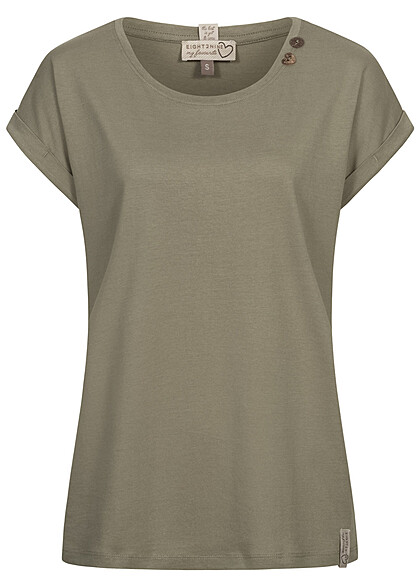 Eight2Nine Dames T-Shirt met ronde hals en omgeslagen mouwen olijfgroen