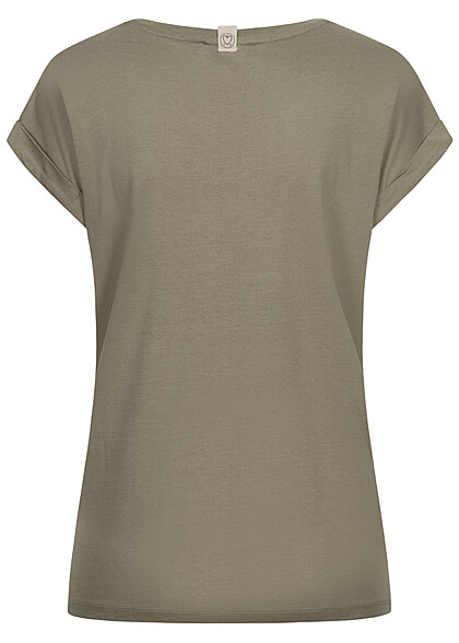 Eight2Nine Dames T-Shirt met ronde hals en omgeslagen mouwen olijfgroen