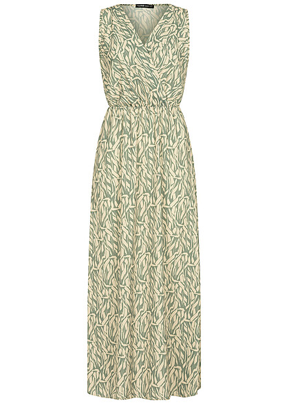 Cloud5ive Dames Maxi-jurk in wikkellook en all-over print groen beige