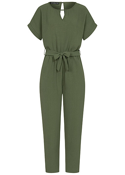 Seventyseven Lifestyle Dames Jumpsuit met strikceintuur en uitsnijding op de rug groen