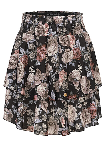Cloud5ive Dames Volantrok met elastische tailleband en bloemenprint zwart