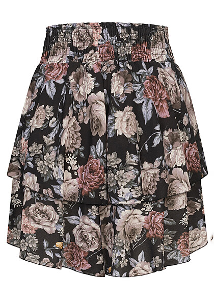 Cloud5ive Dames Volantrok met elastische tailleband en bloemenprint zwart