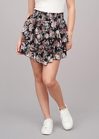 Cloud5ive Dames Volantrok met elastische tailleband en bloemenprint zwart