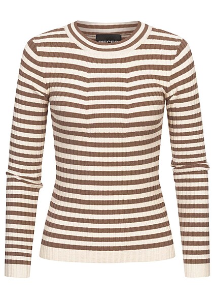 Pieces Damen NOOS Sweater Strickpullover mit Streifen fossil braun birch beige