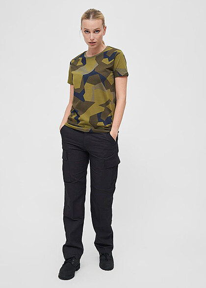 Brandit Dames Basic T-Shirt met Ronde Hals in Zweeds Camouflage Design groen bruin