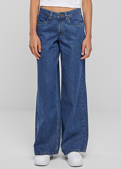 Urban Classics Dames Mid-Waist Jeans Broek met Wijde Pasvorm gewassen indigo blauw