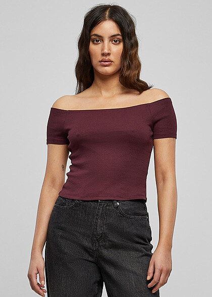 Urban Classics Dames Off-Shoulder Geribd Top wijnrood
