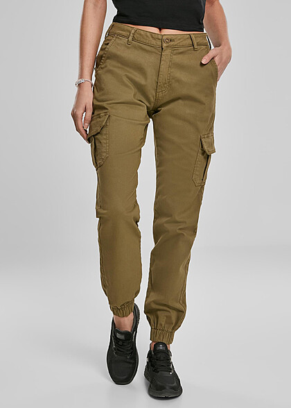 Urban Classics Dames Cargo High Waist Broek met 6-Pockets zomer olijfgroen