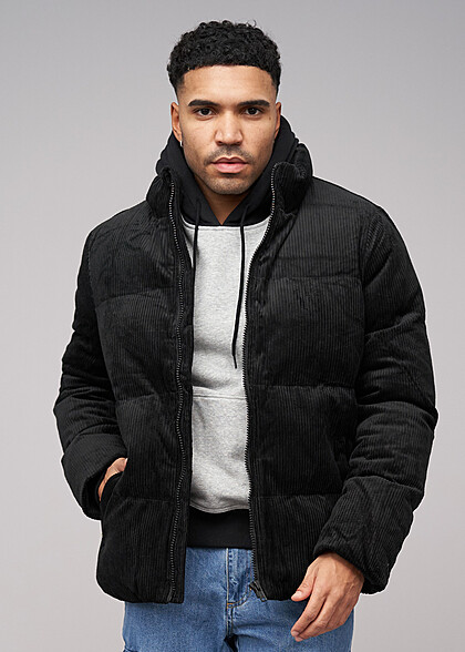 Urban Classics Heren Corduroy Gequilt Jacket met Staande Kraag en 2-Pockets zwart