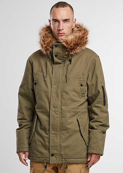 Brandit Herren Fish Tail Parka Jacke mit Kunstfellkapuze und Knopfleiste olive grün