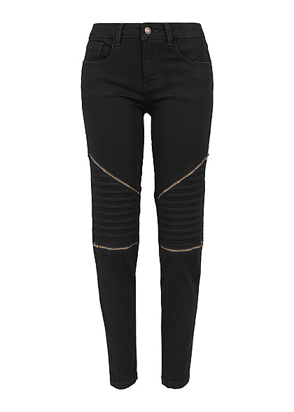 Urban Classics Dames Stretch Biker Broek met Ritsen en 5 Zakken zwart